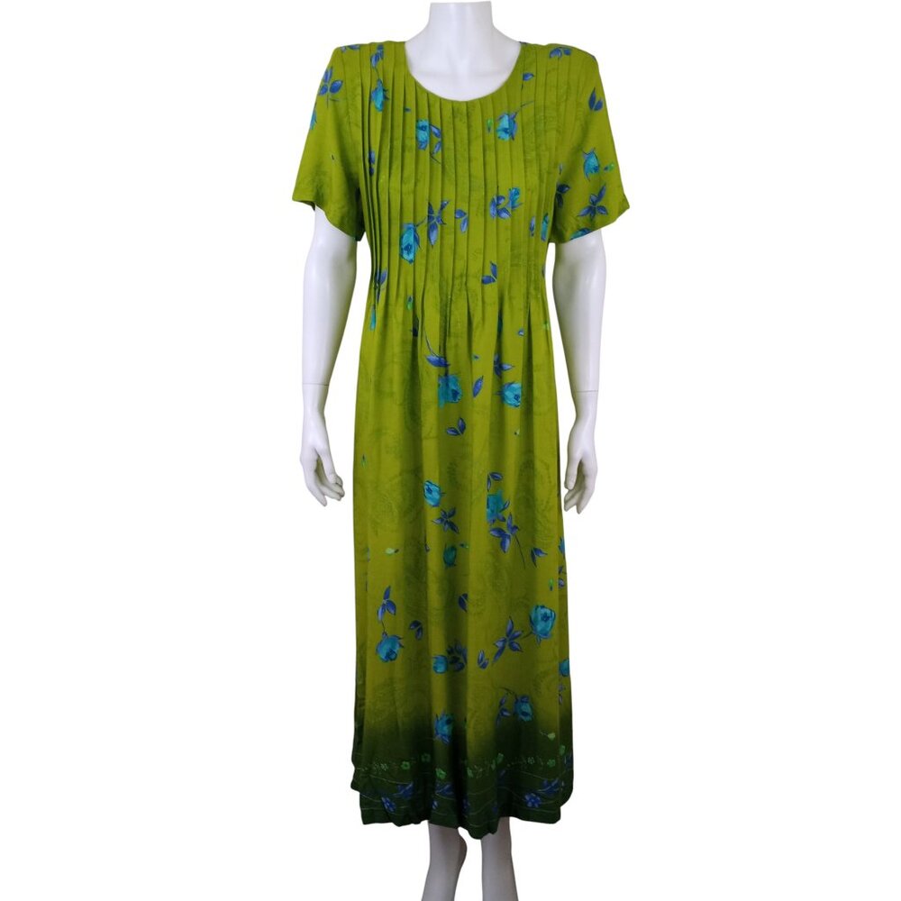 Vintage Darian Green Blue Floral Maxi Dress Short Sleeve Tie Back